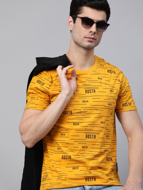 

Roadster Men Mustard Yellow & Black Typography Printed Pure Cotton T-shirt