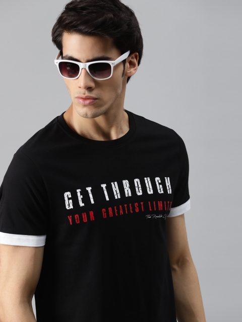 

Roadster Men Black & White Pure Cotton Typography Printed T-shirt