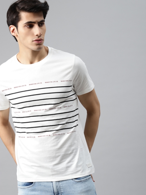 

Roadster Men White & Black Striped Pure Cotton T-shirt