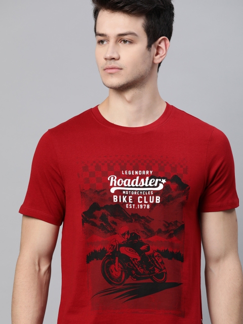 

Roadster Men Red & Black Biker Print Pure Cotton T-shirt