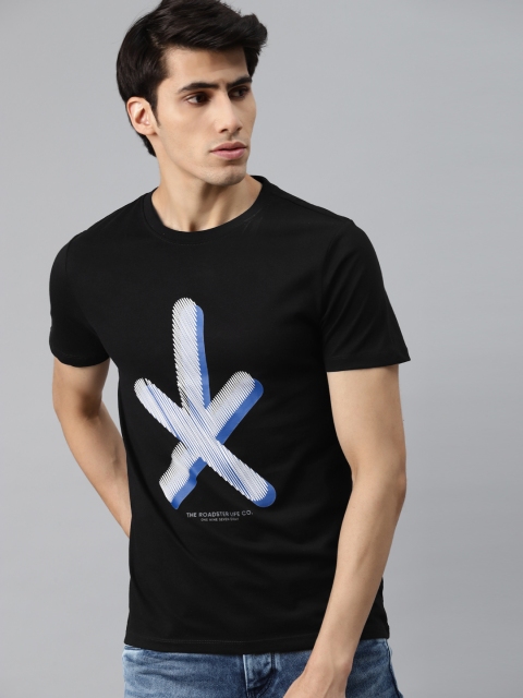 

Roadster Men Black & Blue Pure Cotton Brand Logo Printed T-shirt