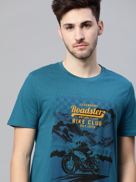 

Roadster Men Teal Blue & Black Biker Print Pure Cotton T-shirt