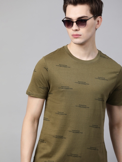 

Roadster Men Olive Green Black Brand Logo Printed Pure Cotton T-shirt