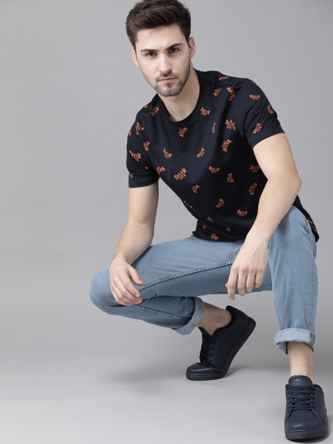 

Roadster Men Navy Blue Orange Typography Printed Pure Cotton T-shirt