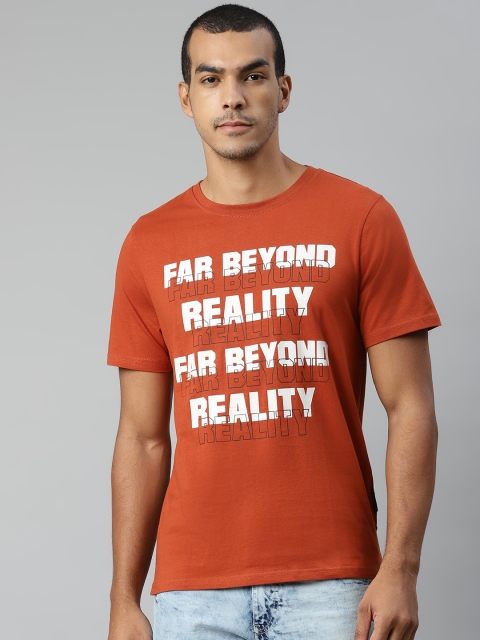 

Roadster Men Rust Orange White Printed Round Neck Pure Cotton T-shirt