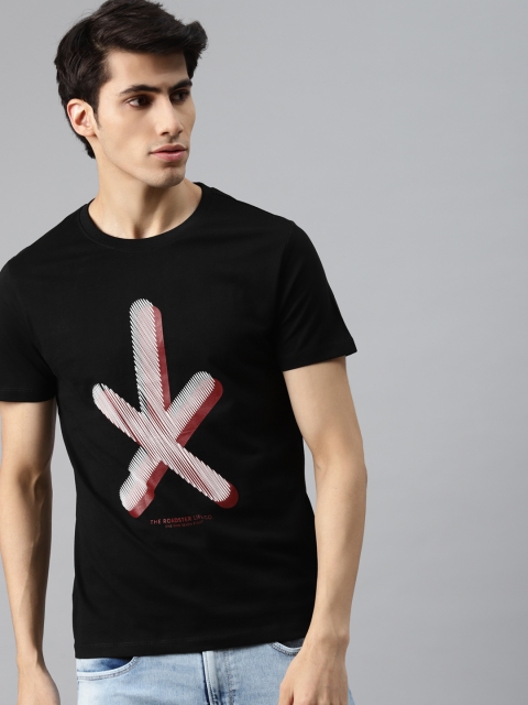

Roadster Men Black & Pink Pure Cotton Brand Logo Printed T-shirt