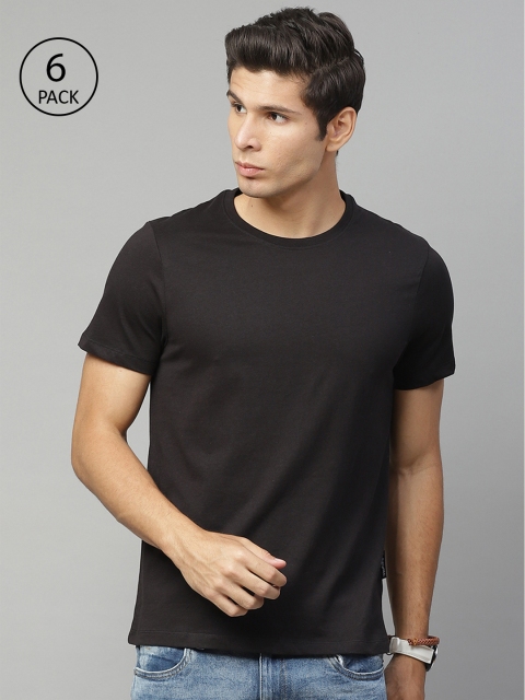 Roadster Men Pack of 6 Black Solid Cotton T-shirt