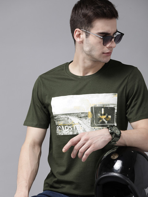 

Roadster Men Olive Green White Printed Pure Cotton T-shirt