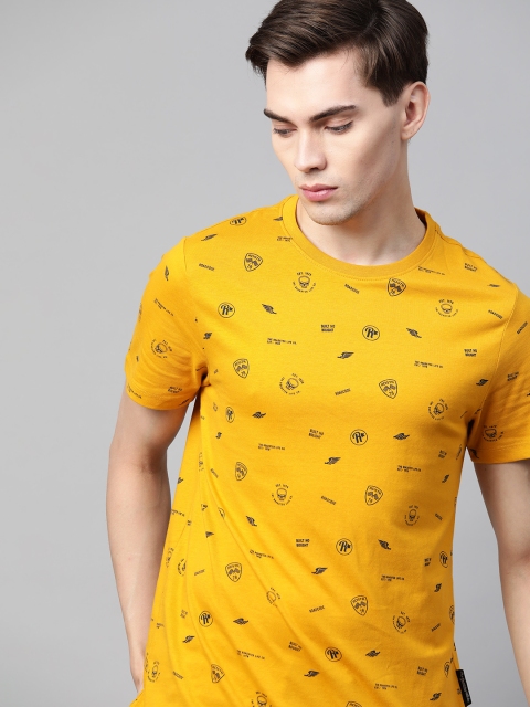 

Roadster Men Mustard Yellow & Black Typography Printed T-shirt