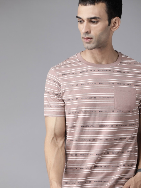 

Roadster Men Mauve White Striped Pure Cotton T-shirt