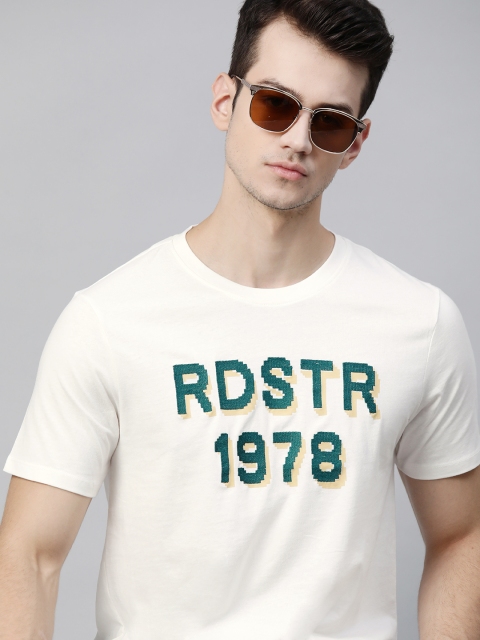 

Roadster Men White & Teal Blue Pure Cotton Brand Logo Print T-shirt