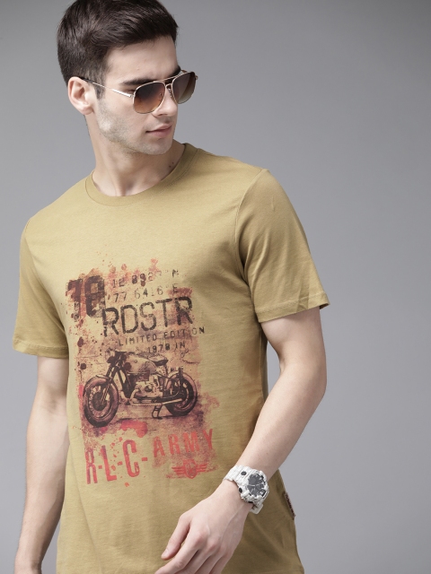 

Roadster Men Khaki & Charcoal Grey Biker Print Cotton T-shirt