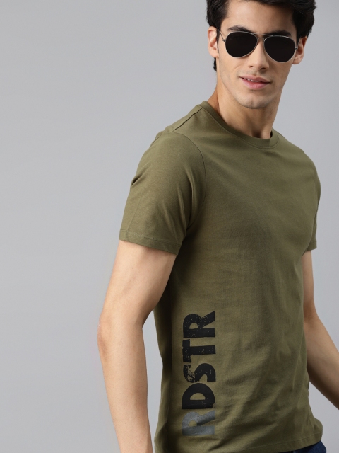 

Roadster Men Olive Green Brand Logo Detail Pure Cotton Printed T-shirt