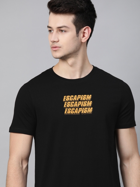

Roadster Men Black Yellow Typography Printed Pure Cotton T-shirt