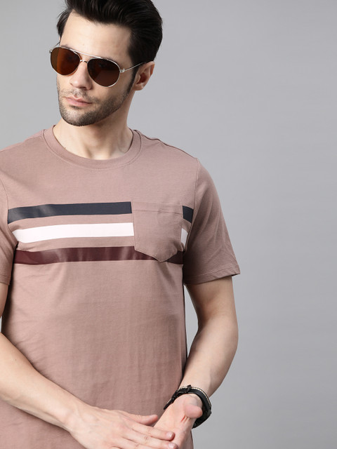 

Roadster Men Mauve & Black Striped Pure Cotton T-shirt