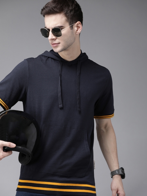 

Roadster Men Navy Blue Solid Hooded Pure Cotton T-shirt