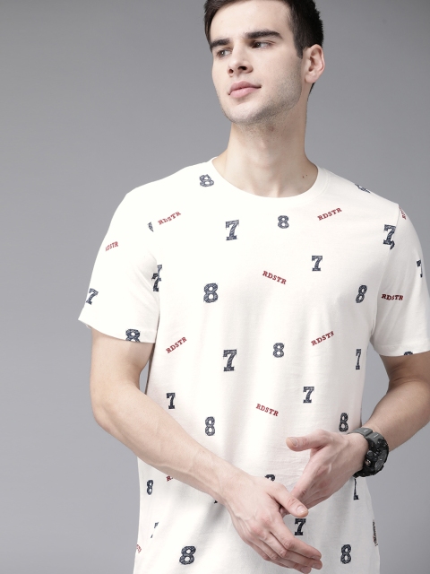 

Roadster Men White & Navy Blue Brand Logo Printed Cotton T-shirt