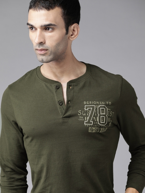 

Roadster Men Olive Green Pure Cotton Typography Printed Henley Neck T-shirt