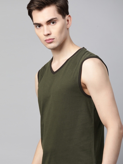 

Roadster Men Olive Green Pure Cotton V-Neck T-shirt
