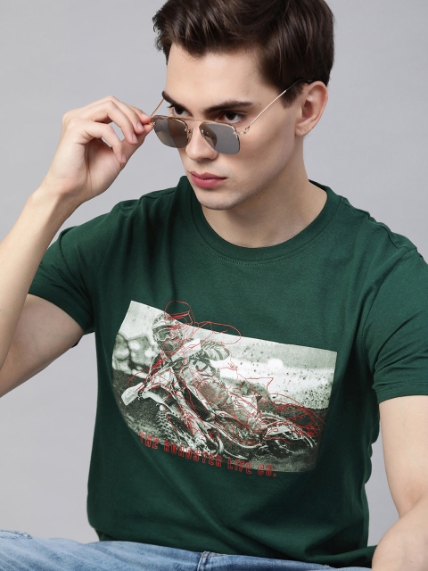 

Roadster Men Green Grey Printed Pure Cotton T-shirt