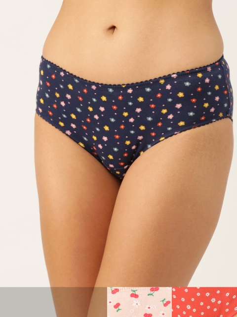

DressBerry Women Pack of 3 Printed Cotton Hipster Briefs, Navy blue