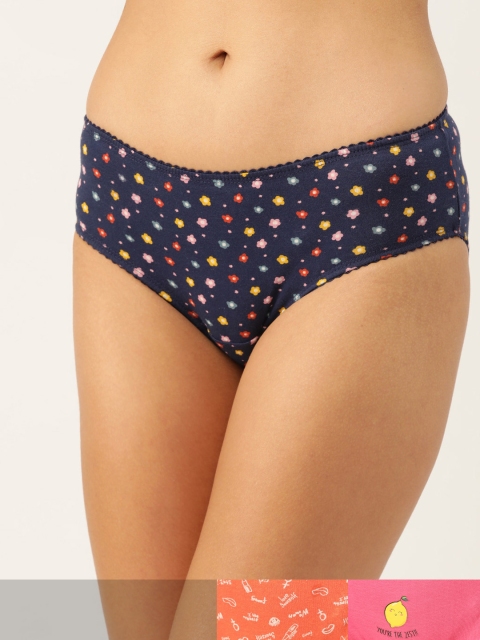 

DressBerry Women Pack of 3 Printed Cotton Hipster Briefs, Navy blue