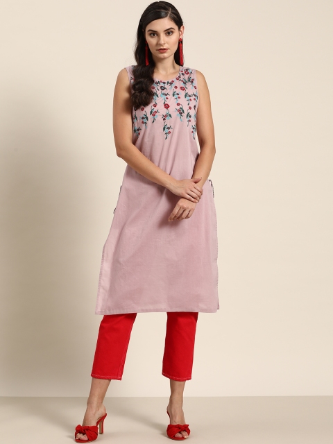 

Moda Rapido Women Mauve & Blue Floral Yoke Design Straight Kurta