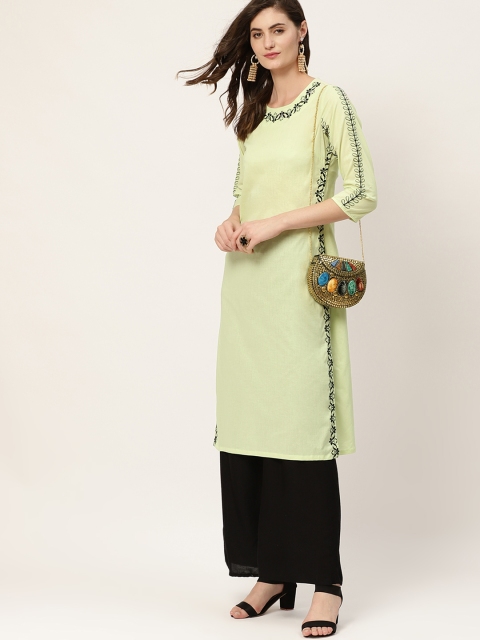 

Moda Rapido Women Green Cotton Solid Thread Work Straight Kurta