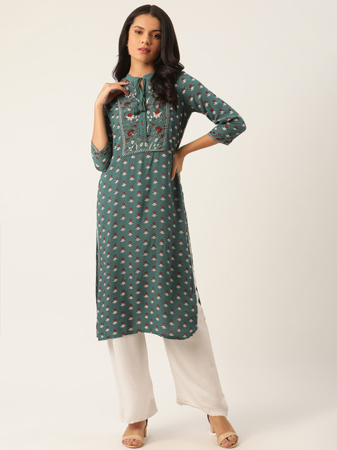 

Moda Rapido Women Green & White Ethnic Motifs Printed Floral Kurta