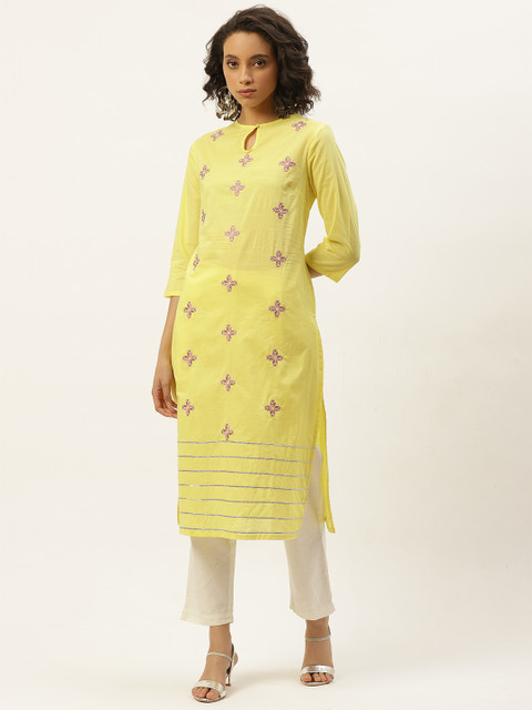 

Moda Rapido Women Yellow & Magenta Ethnic Motifs Embroidered Pure Cotton Straight Kurta