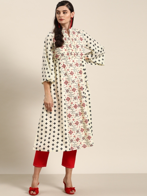

Moda Rapido Women Cream-Coloured & Black Ethnic Motifs Printed Flared Sleeves A-Line Kurta