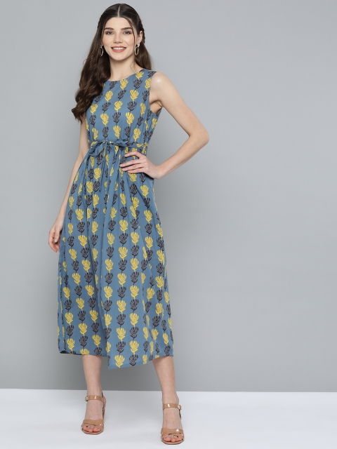 

HERE&NOW Women Teal Blue & Mustard Yellow Printed A-Line Dress & Belt