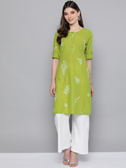 

HERE&NOW Women Green & White Pure Cotton Floral Printed Kurta