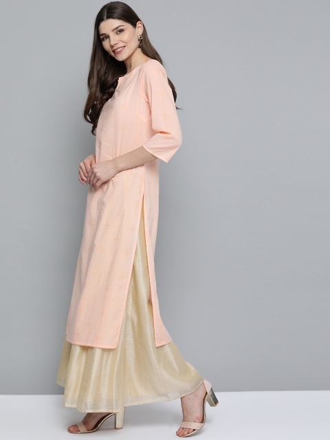 

Here&now Women Peach-coloured & Golden Ethnic Motifs Printed Kurta