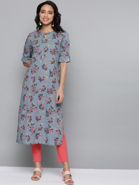 

HERE&NOW Women Blue & Pink Floral Printed Pure Cotton Kurta