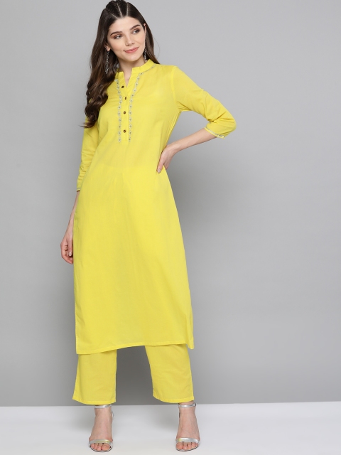 

HERE&NOW Women Yellow Solid Cotton Kurta with Trousers