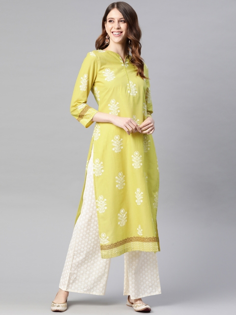 

HERE&NOW Women Mustard Ethnic Motifs Printed Pure Cotton Kurta with Palazzos