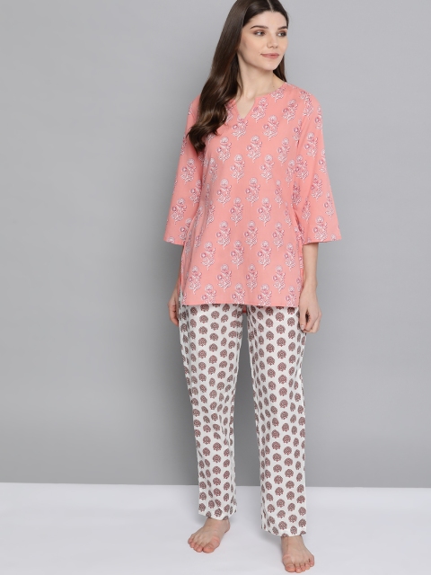 

HERE&NOW Women Peach-Coloured & White Ethnic Motifs Print Pure Cotton Night suit