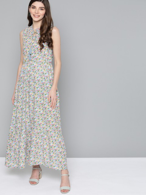 

HERE&NOW Women Blue & Mustard Yellow Printed Maxi Dress