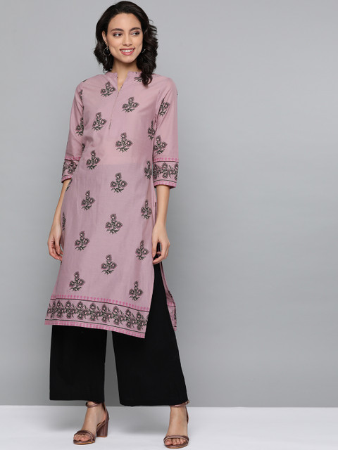 

HERE&NOW Women Mauve & Black Ethnic Motifs Printed Pure Cotton Kurta
