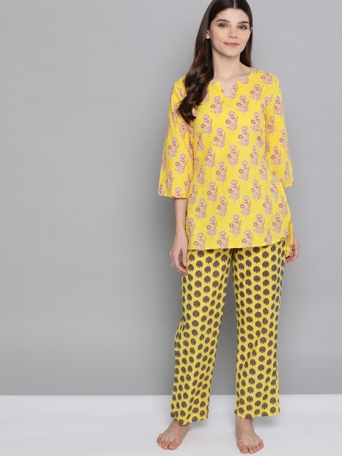 

HERE&NOW Women Yellow & Pink Printed Pure Cotton Night suit