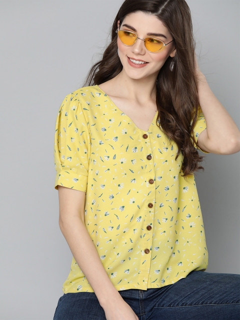 

HERE&NOW Yellow & Green Floral Printed Top