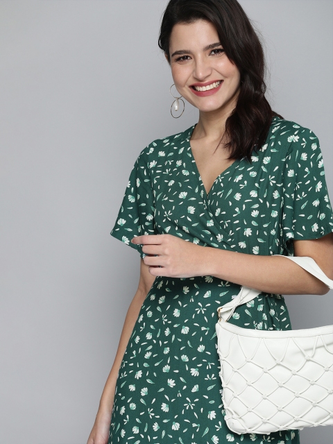 

HERE&NOW Green & White Floral Print Wrap Midi Dress
