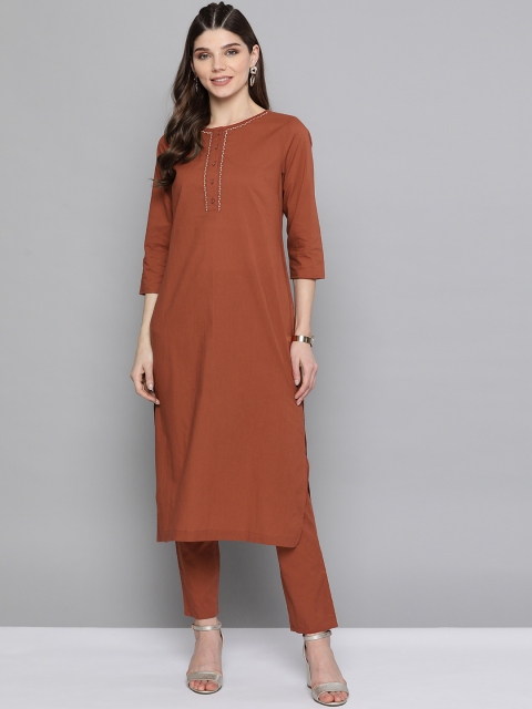 

HERE&NOW Women Brown Solid Pure Cotton Kurta with Trousers