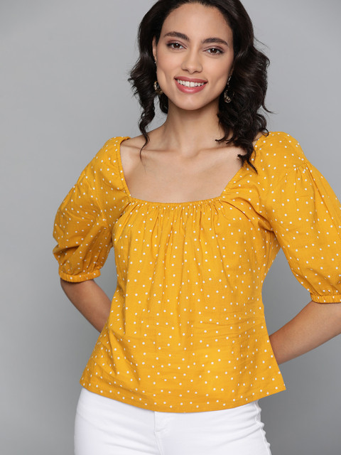 

HERE&NOW Mustard Yellow & White Polka Dot Print Puff Sleeves Pure Cotton Regular Top