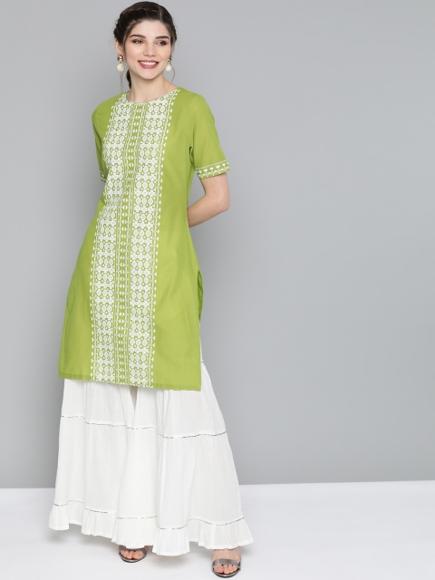 

HERE&NOW Women Green & White Pure Cotton Ethnic Motifs Printed Kurta