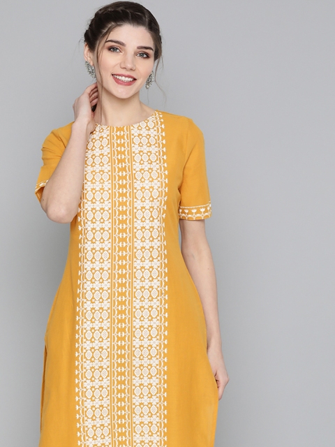 

HERE&NOW Women Mustard & White Pure Cotton Ethnic Motifs Printed Kurta