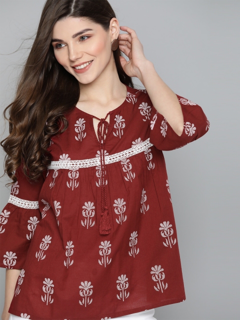 

HERE&NOW Maroon & White Printed Tie-Up Neck Bell Sleeves Pure Cotton A-Line Top