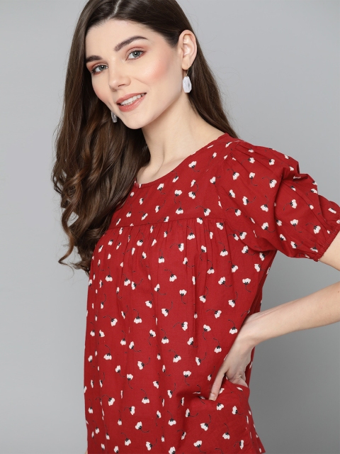 

HERE&NOW Women Maroon & Off White Floral Printed Pure Cotton A-Line Top