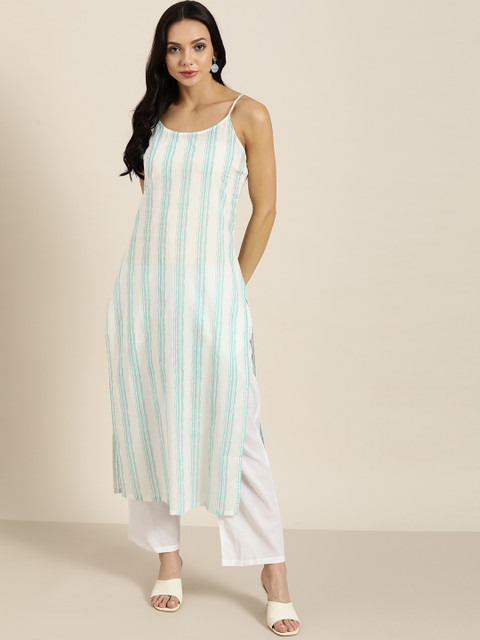 

Moda Rapido Women Off White & Green Striped Pure Cotton Kurta